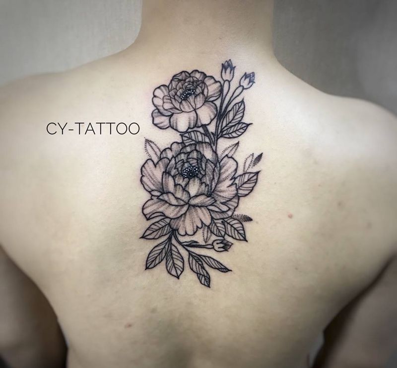 线性风格牡丹纹身图片_几何植物欧美国画清新手臂腿部肩部背部成品纹身图案