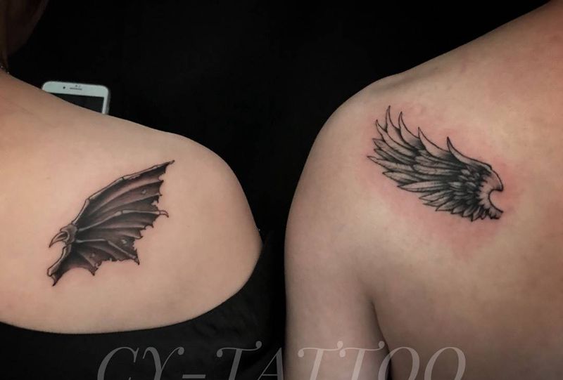 翅膀情侣纹身纹身图片_成品手臂腿部背部肩部欧美写实清新原创鬼神纹身图案