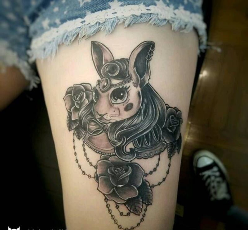 兔子纹身图片_腿部欧美传统清新动物植物静物成品纹身图案