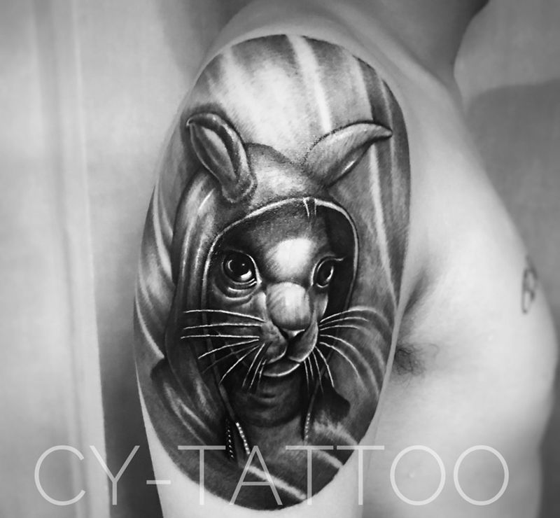 帅气的兔子纹身图片_人物动物欧美肖像写实手臂腿部成品几何肩部纹身图案