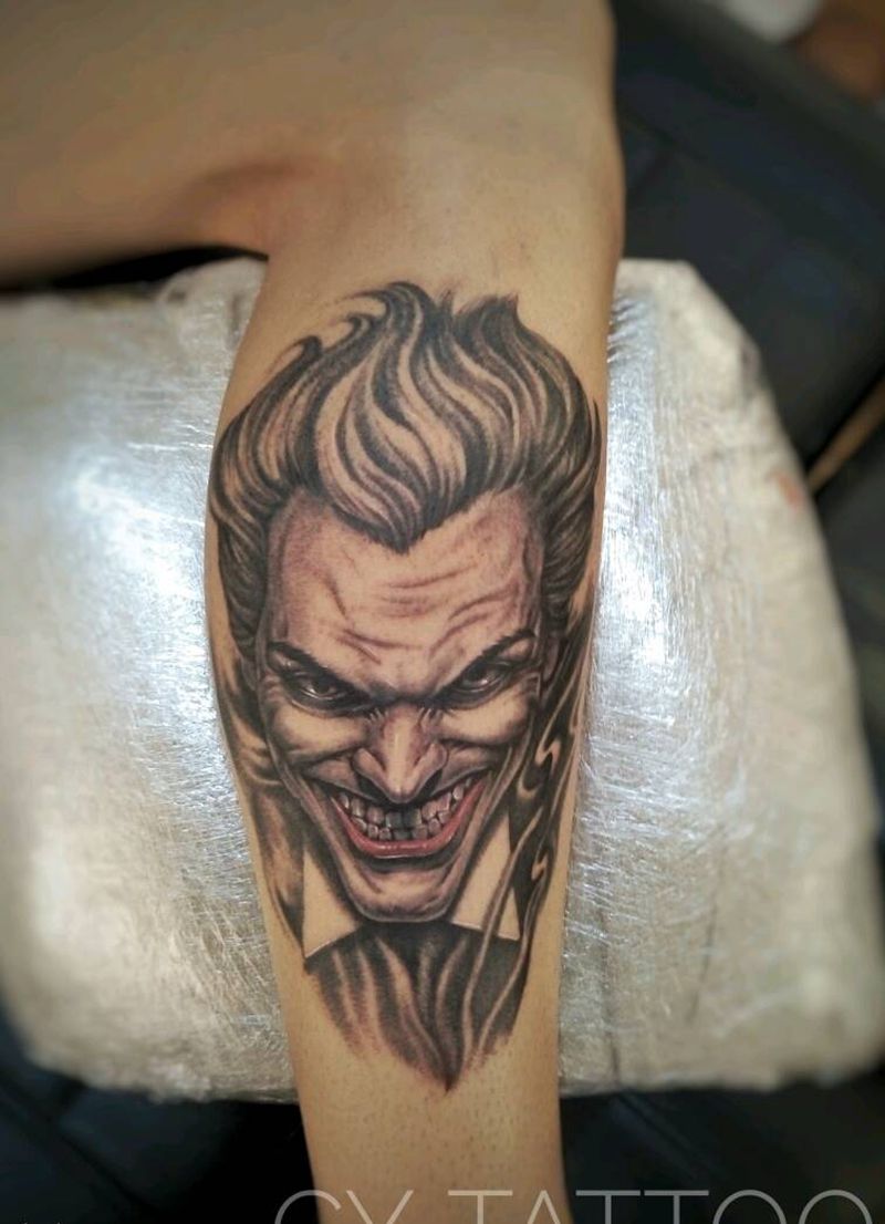 素描小丑纹身图片_手臂腿部欧美肖像写实人物鬼神成品插画纹身图案