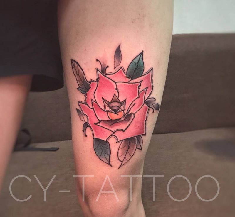 原创newschool玫瑰纹身图片_原创几何植物欧美传统清新手臂腿部成品纹身图案