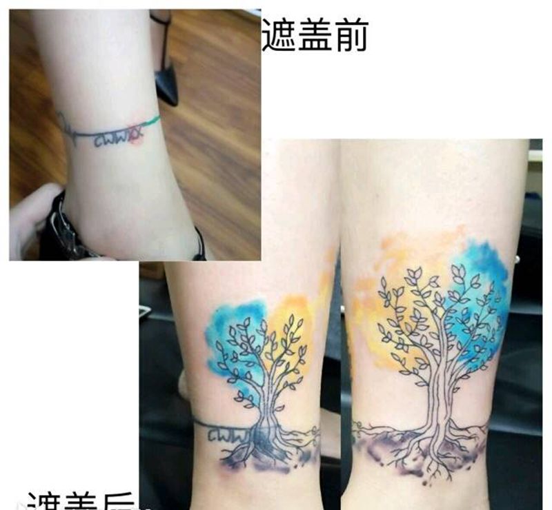 水彩小树纹身纹身图片_腿部脚部欧美清新几何植物原创成品手稿插画纹身图案
