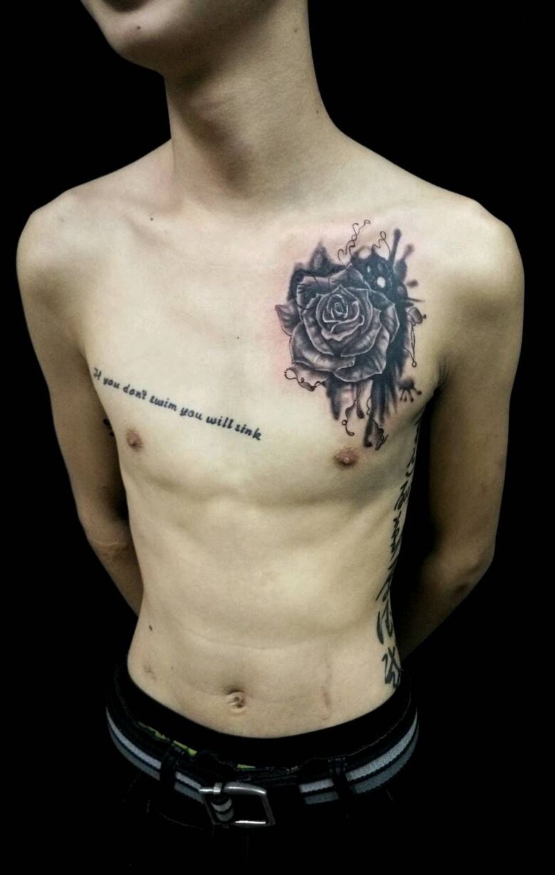 泼墨写实玫瑰花纹身图片_颈部肩部胸部手臂欧美传统写实植物静物原创纹身图案