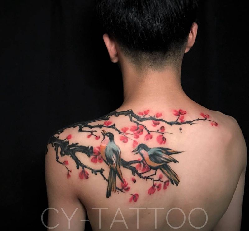 原创设计遮盖旧纹身纹身图片_肩部背部水墨水彩纹身图案