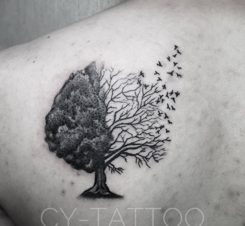生命树纹身图片_背部手臂点刺水墨纹身图案