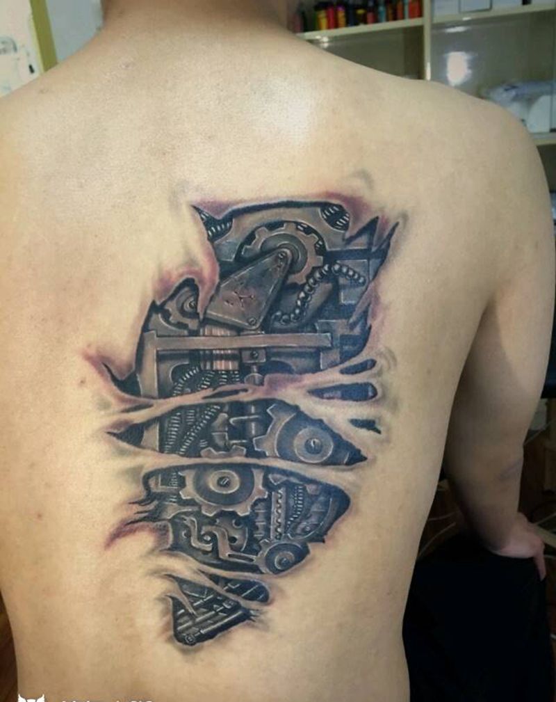 机械遮盖旧纹身纹身图片_背部手臂腿部欧美写实静物成品纹身图案