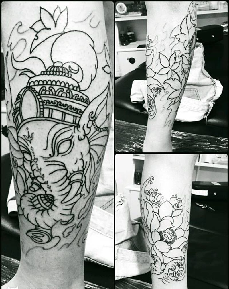 包小腿第一回合纹身图片_手臂腿部传统习俗植物鬼神原创成品手稿插画纹身图案