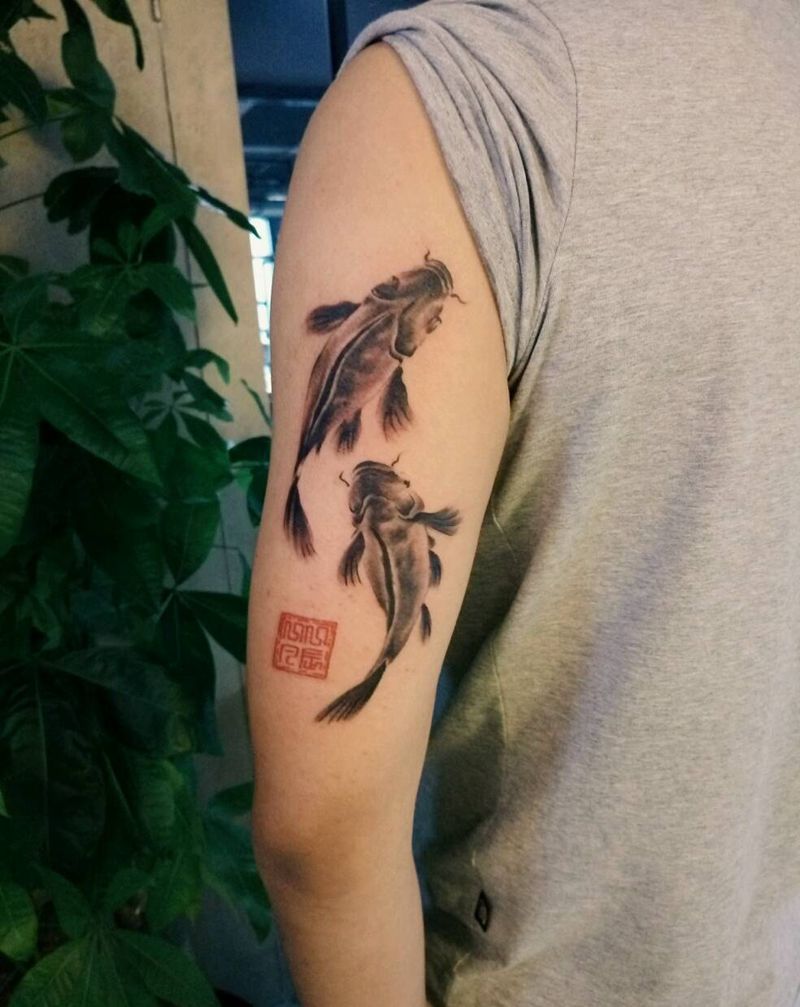 水墨双鱼纹身图片_手臂腿部传统清新国画字符动物成品插画纹身图案