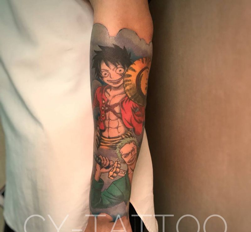 海贼王主题花臂纹身图片_欧美写实人物动物成品手臂腿部纹身图案