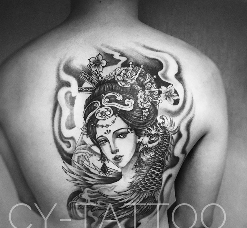 美女纹身图片_人物欧美传统肖像国画手臂腿部成品背部纹身图案