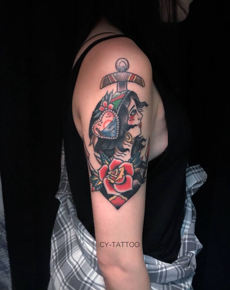 oldschool女郎纹身图片_原创几何人物欧美传统清新肖像成品手臂腿部纹身图案