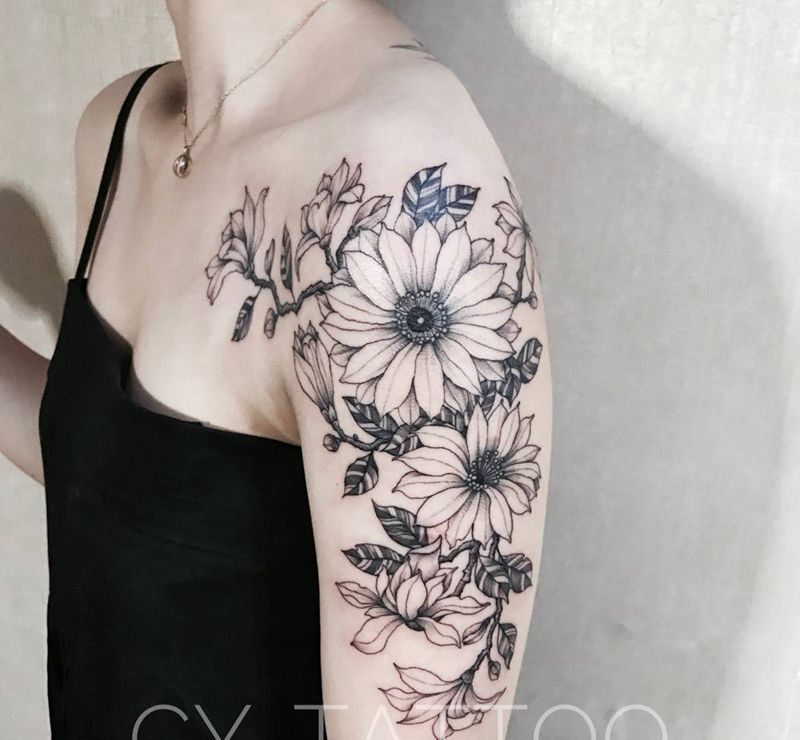 奇迹之花原创设计纹身图片_原创成品欧美清新写实植物几何传统手臂腿部纹身图案