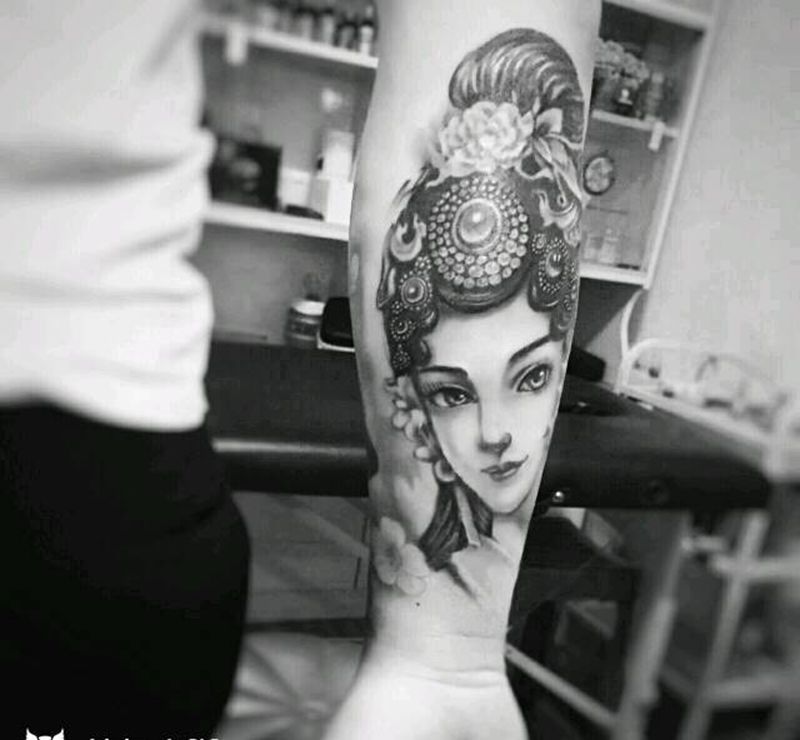 小臂花旦纹身纹身图片_手臂欧美传统肖像写实国画人物成品纹身图案