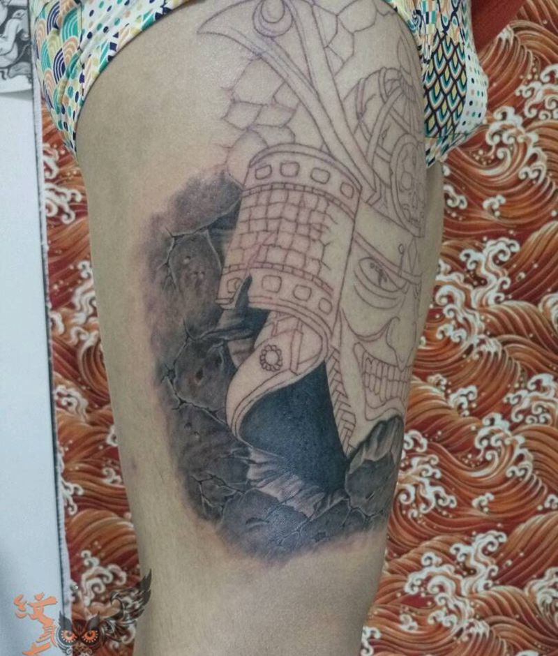 武士石裂纹身图片_腿部欧美传统肖像人物鬼神原创纹身图案