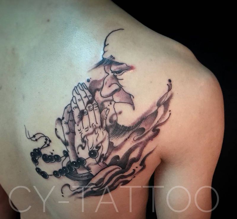 原创作品《保佑》纹身图片_原创宗教人物写实国画肖像清新传统习俗成品纹身图案