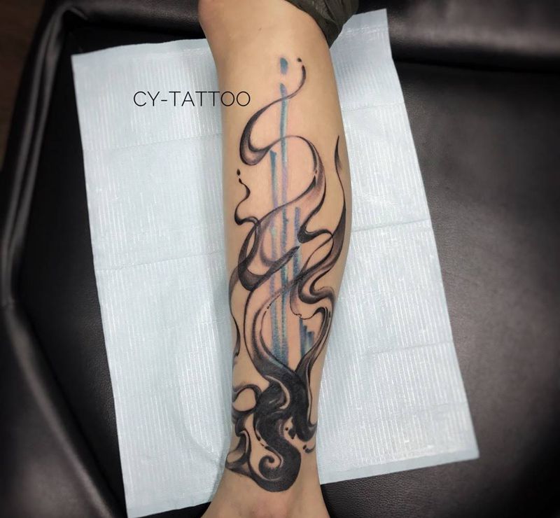 原创水墨遮盖纹身图片_原创几何国画清新欧美腿部手臂成品传统纹身图案