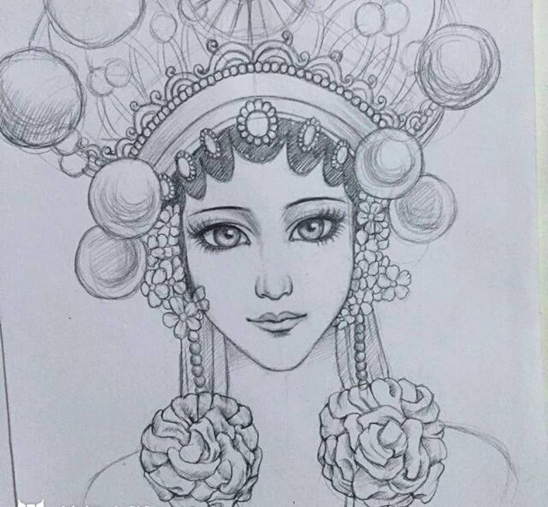 花旦手稿纹身图片_手臂传统人物原创手稿插画纹身图案