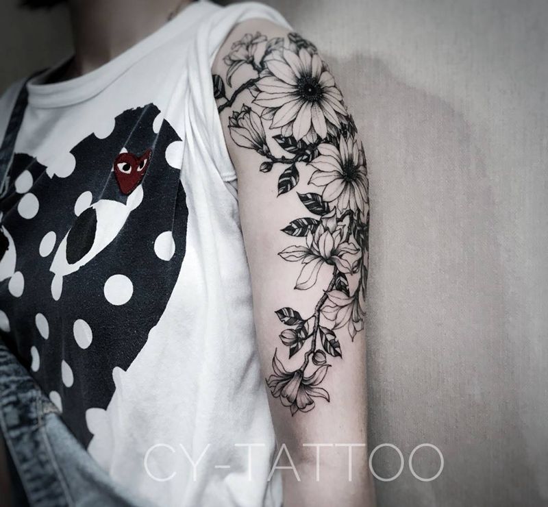 原创花臂纹身图片_原创植物欧美写实清新手臂成品肩部胸部腿部纹身图案