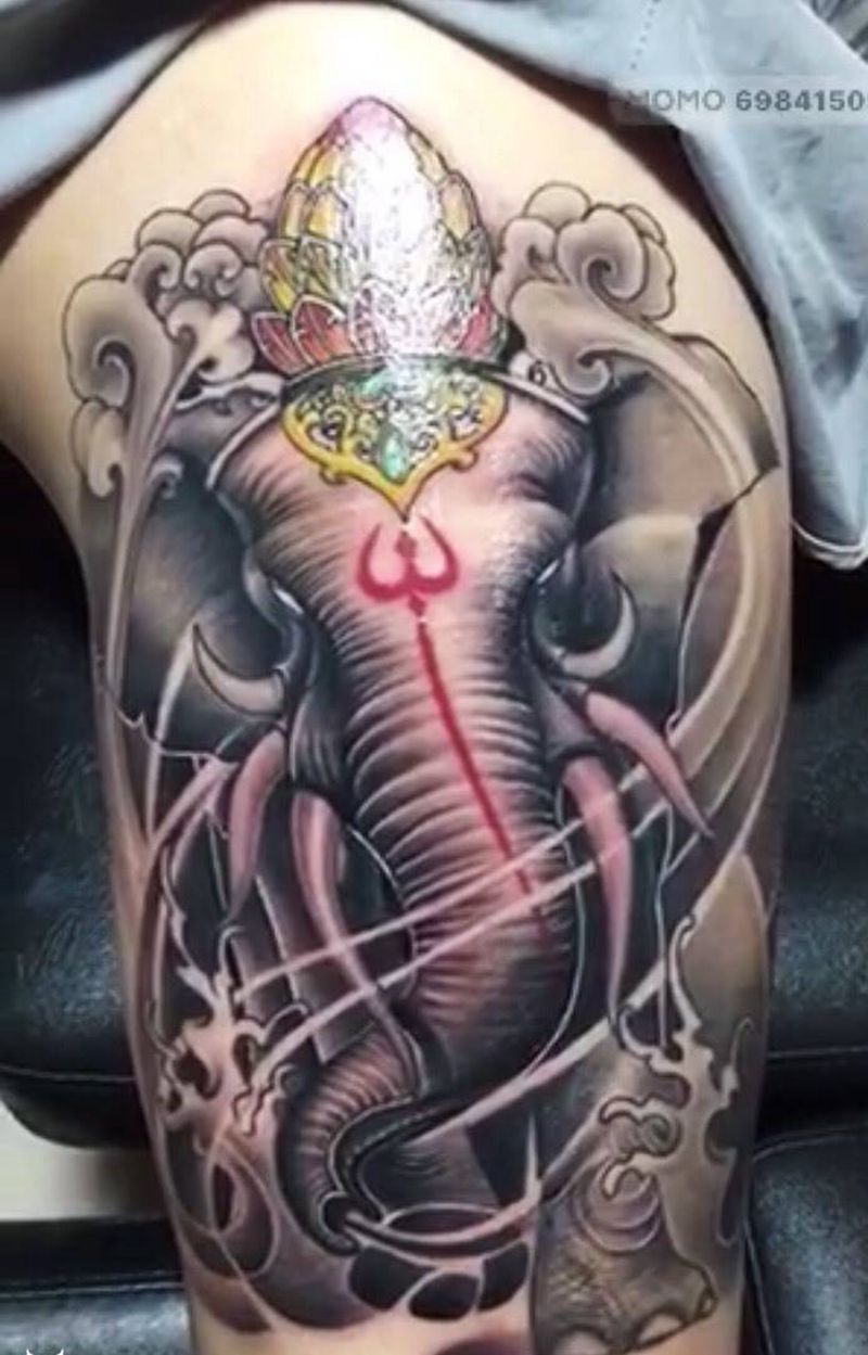 象神纹身图片_成品腿部脚部传统动物鬼神宗教纹身图案