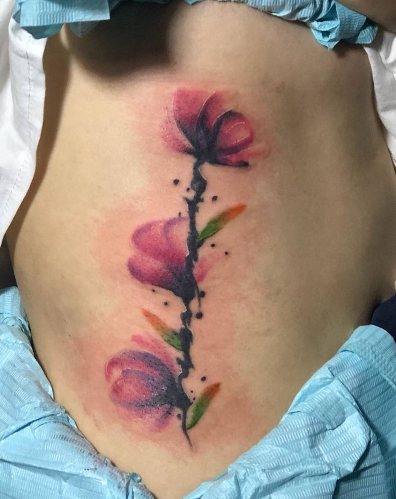 遮盖作品纹身图片_腰部水彩纹身图案