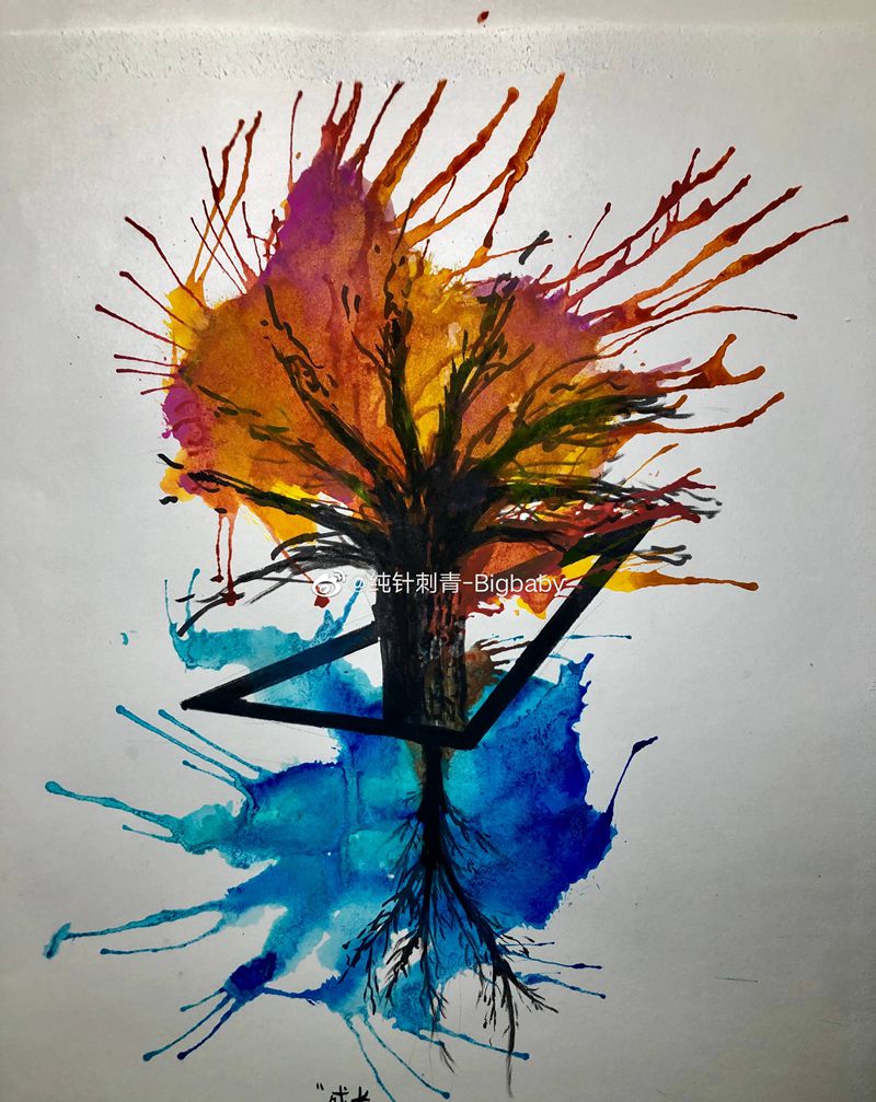 成长纹身图片_手臂背部几何水彩纹身图案