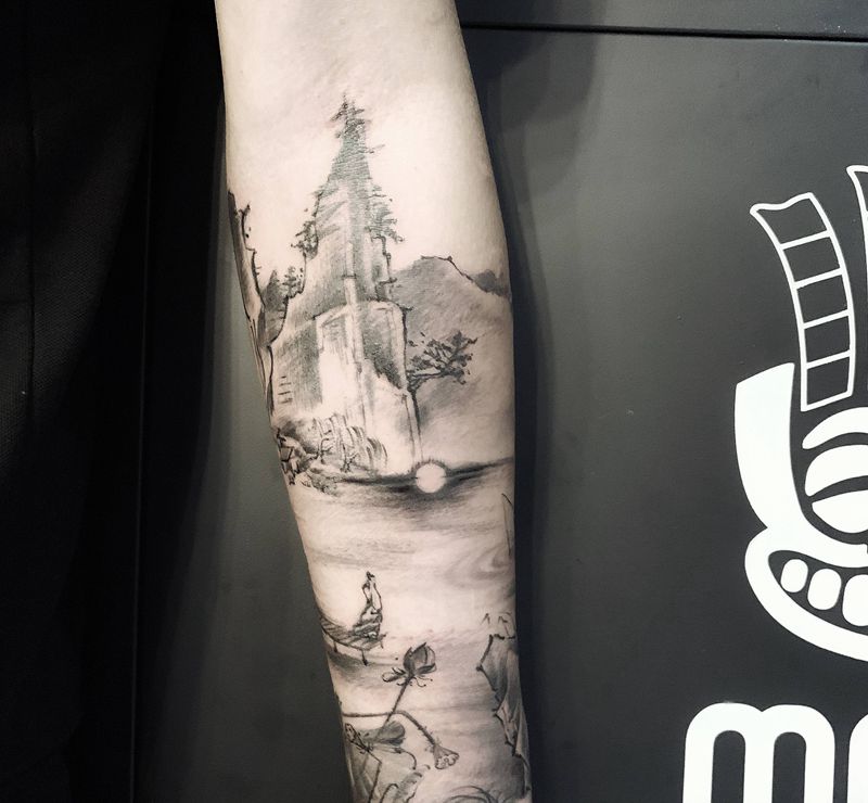 手绘  山水画纹身图片_手部手臂纹身图案