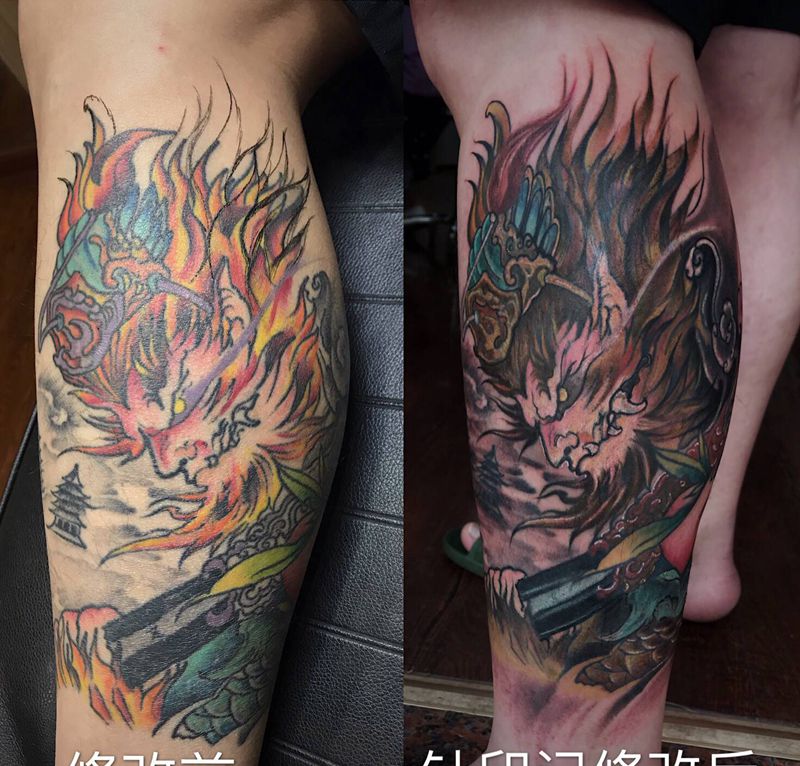 修改作品纹身图片_腿部新传统纹身图案