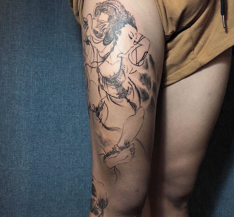 敦煌伎乐图纹身图片_腿部腰部水墨中国风纹身图案