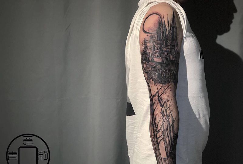 城堡森林拼接未完成纹身图片_手臂手部纹身图案