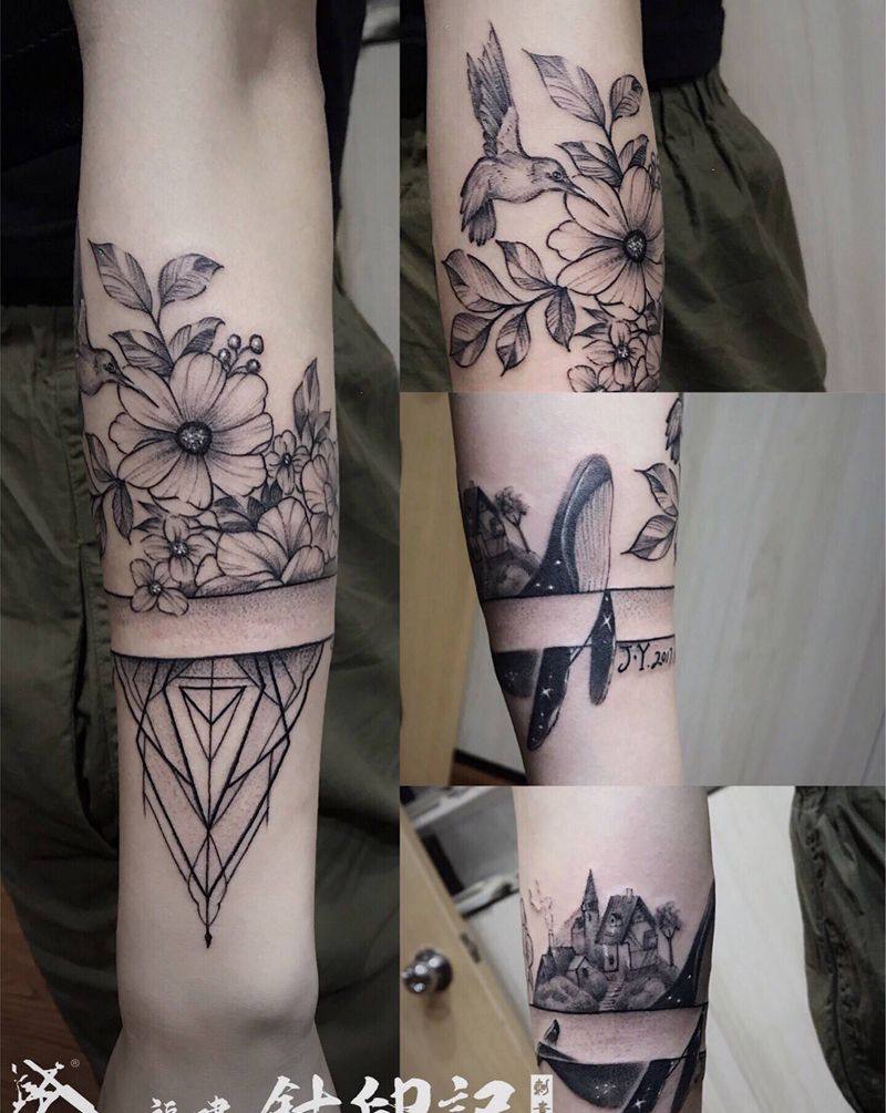 素花、鲲、鸟纹身图片_手臂几何点刺素花、鲲鱼纹身图案