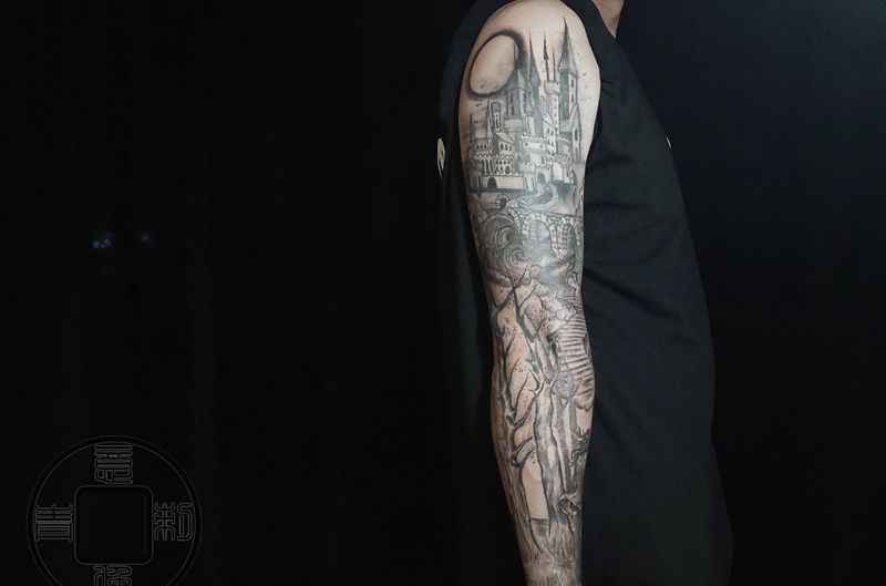 城堡森林未完待续纹身图片_手臂手部城堡森林童话镇纹身图案