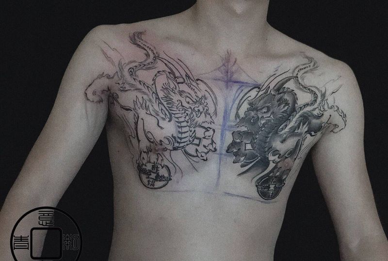 招财进宝未完待续纹身图片_胸部肩部水墨貔貅纹身图案