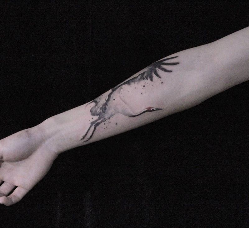 中国风水墨，鹤纹身图片_成品手部手臂国画纹身图案
