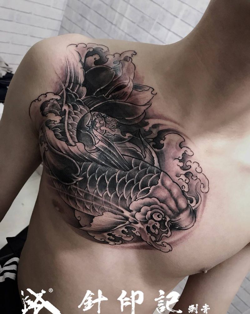遮盖作品纹身图片_成品胸部传统动物花臂鲤鱼纹身图案