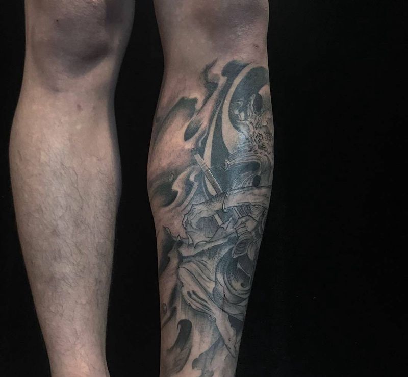 疤痕遮盖/纹身图片_腿部脚部新传统水墨纹身图案