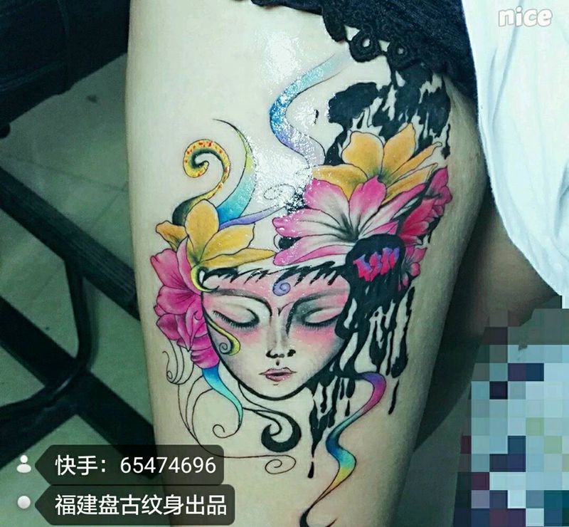 美少女作品纹身图片_腿部欧美人物原创成品纹身图案