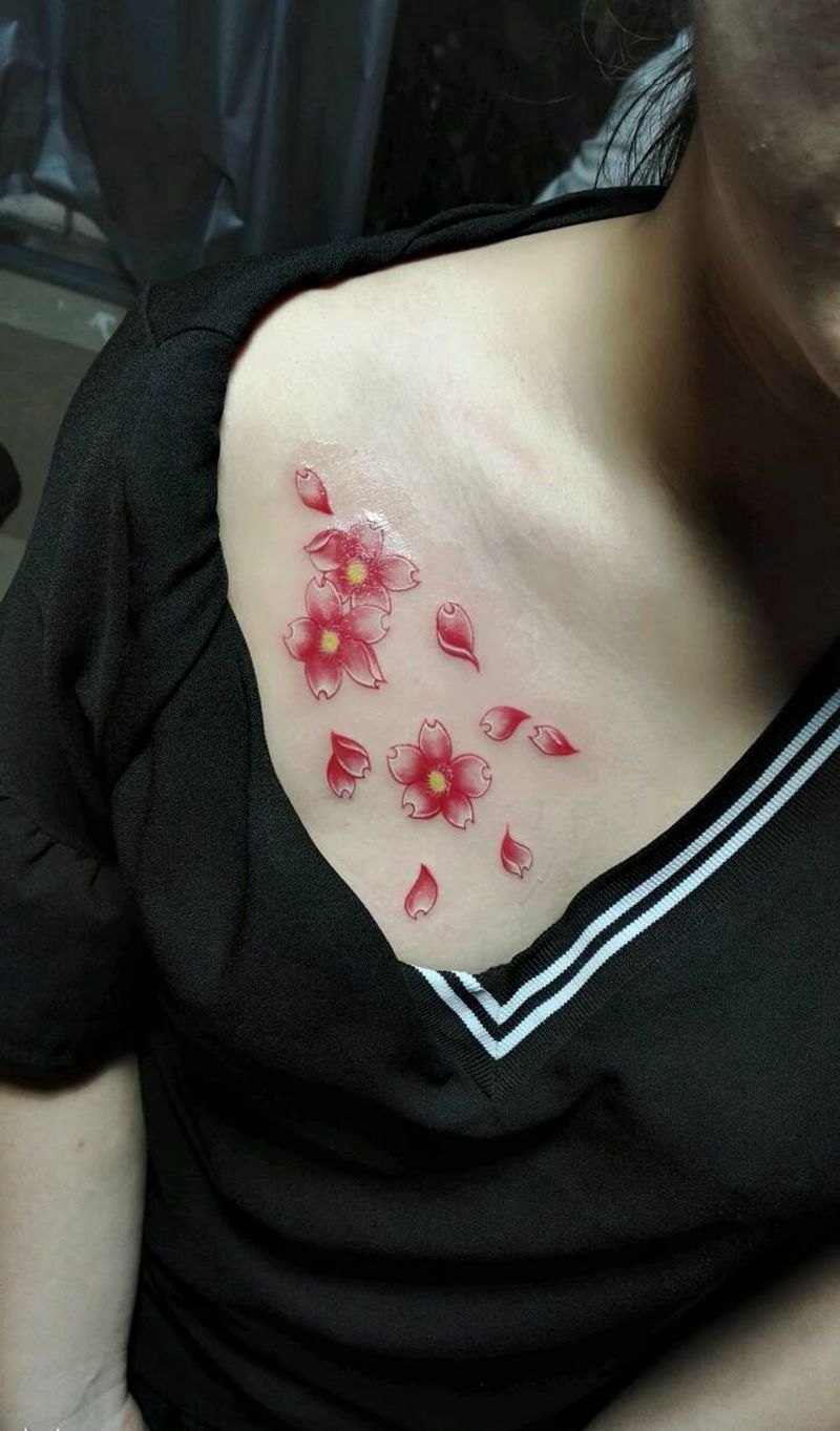 樱花作品纹身图片_胸部清新植物原创成品纹身图案