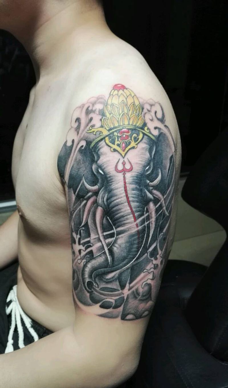 象神纹身图片_肩部手臂传统肖像人物鬼神宗教原创成品纹身图案