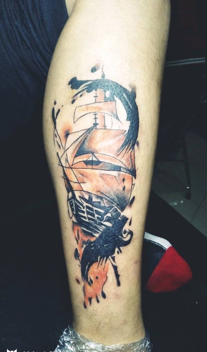 泼墨 帆船纹身图片_腿部欧美静物成品纹身图案