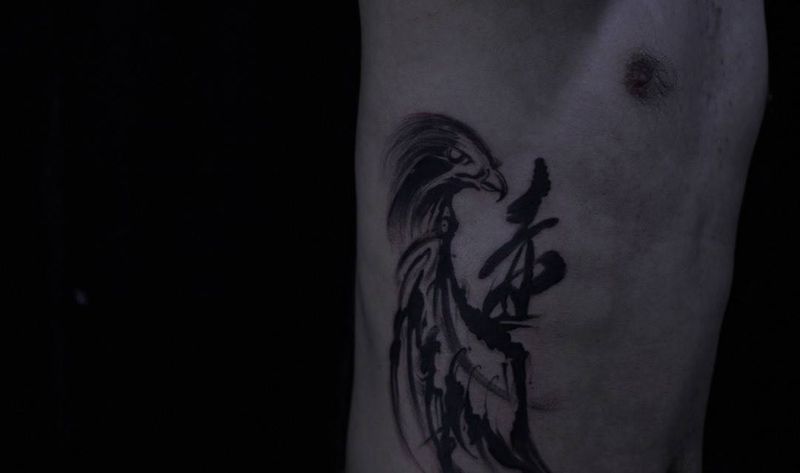 隼／书法纹身图片_成品腰部国画原创纹身图案