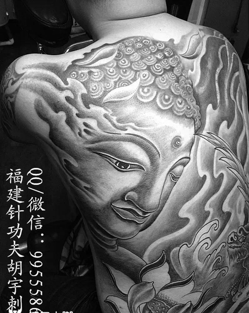 满背佛陀纹身图片_成品背部传统宗教纹身图案