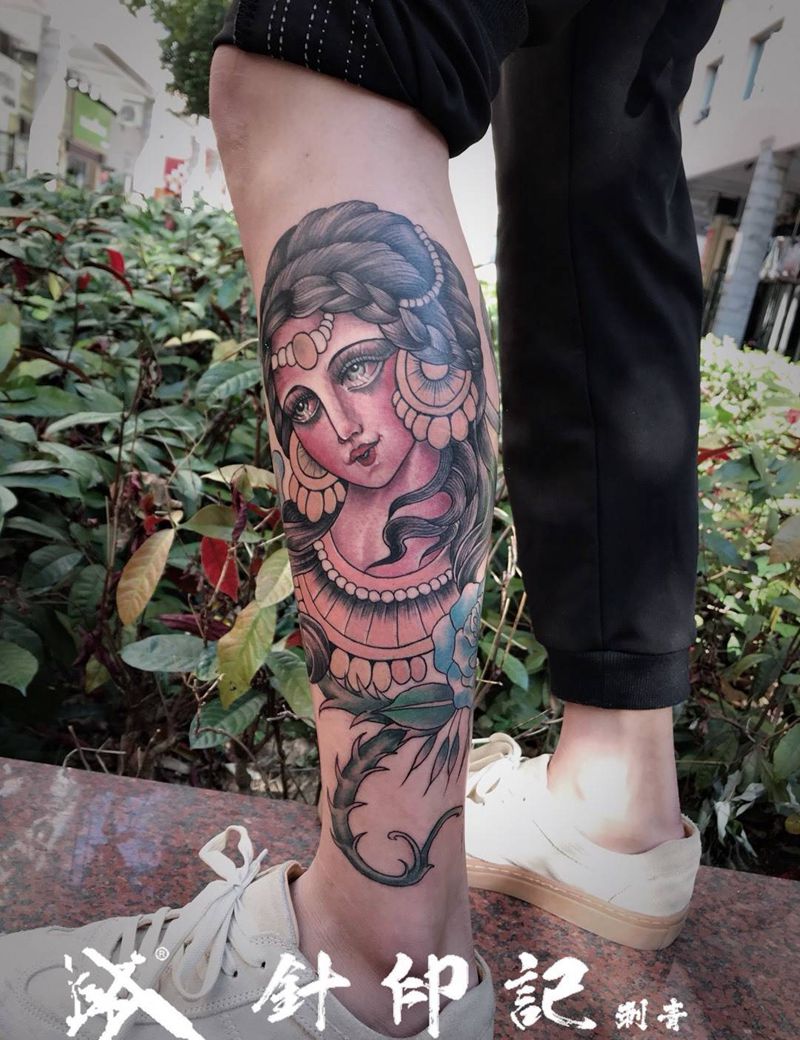 欧式古纹身图片_成品腿部欧美人物动物纹身图案