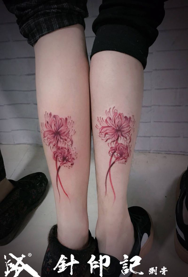 彼岸花纹身图片_植物花彼岸花成品腿部纹身图案