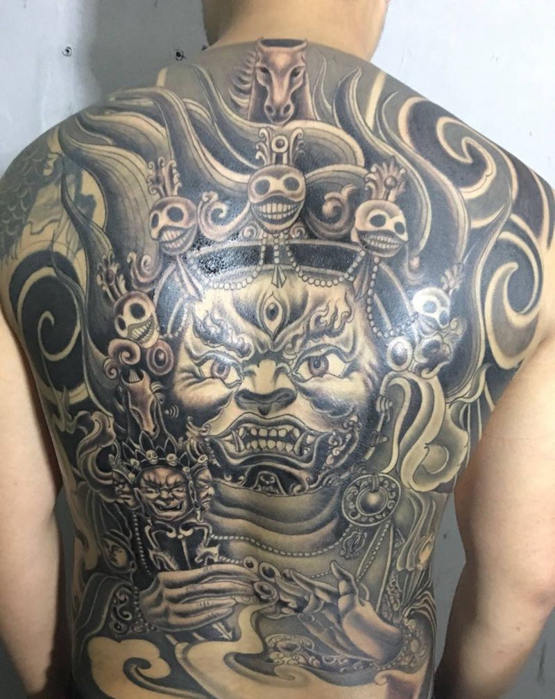大黑天满背纹身图片_成品背部腰部传统鬼神静物人物宗教纹身图案
