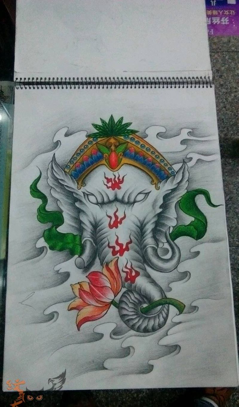 象神纹身图片_肩部腿部传统鬼神原创手稿纹身图案