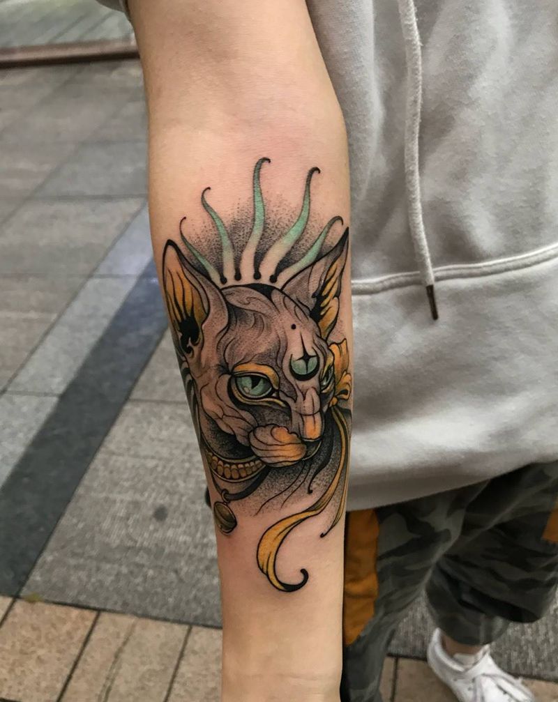 猫纹身纹身图片_成品手臂欧美猫纹身图案