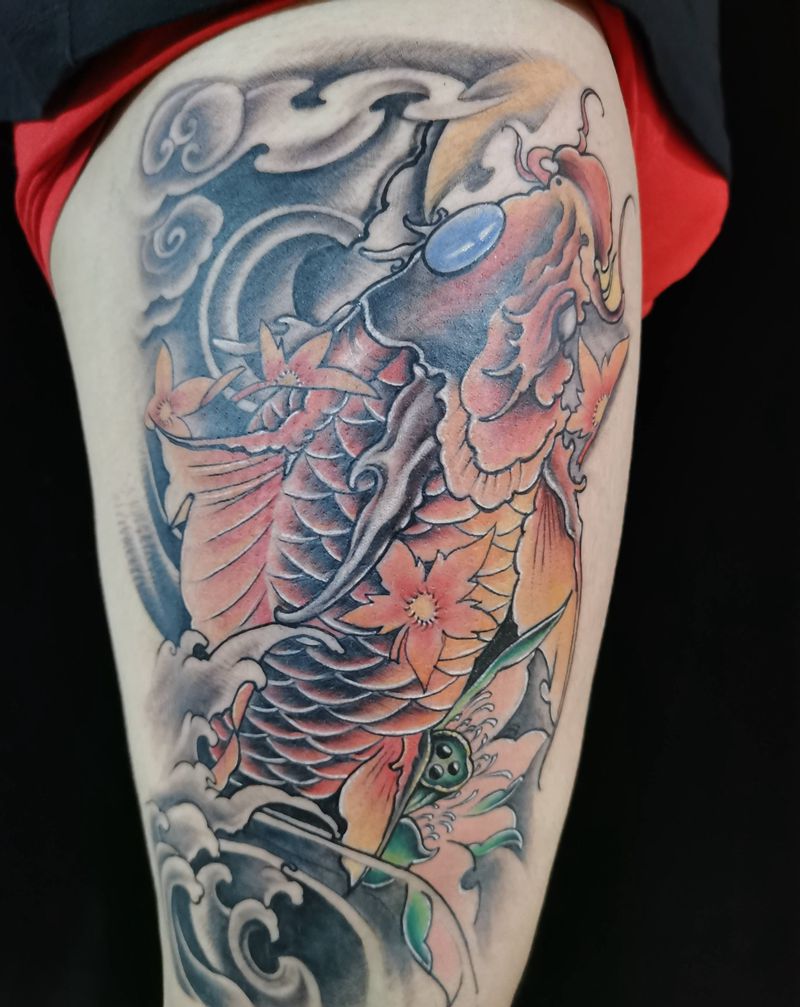 鲤鱼遮盖旧纹身纹身图片_腿部新传统纹身图案