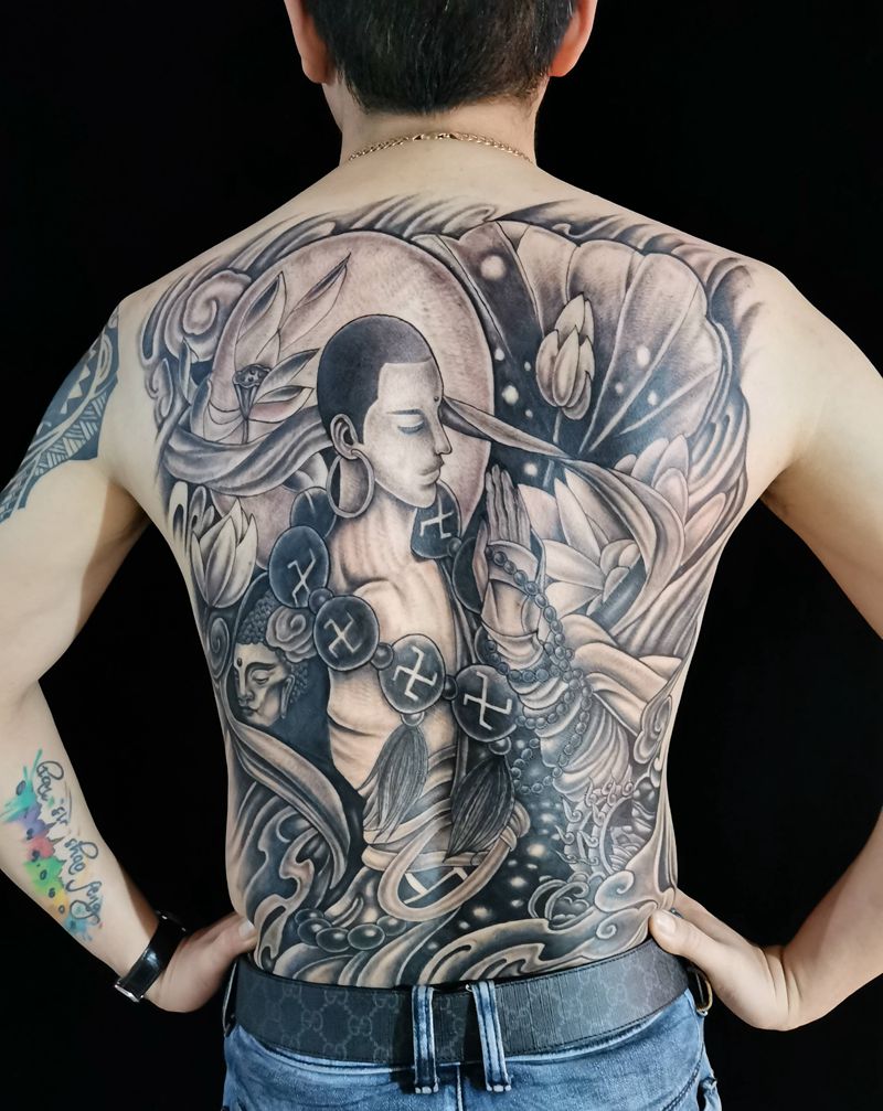 达摩祖师纹身图片_背部新传统纹身图案