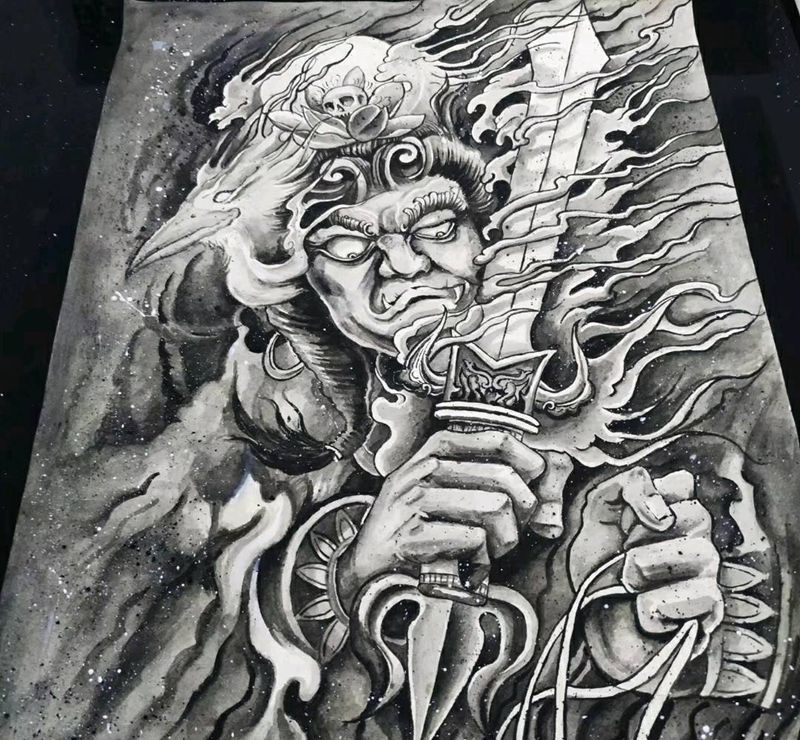 不动明王手稿纹身图片_背部新传统纹身图案